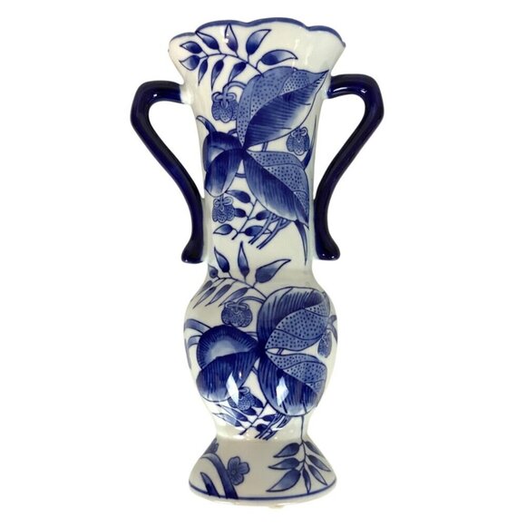 Ceramic Blue & White Floral Wall Pocket Vase With Dual Handles Chinoisere - Picture 1 of 6